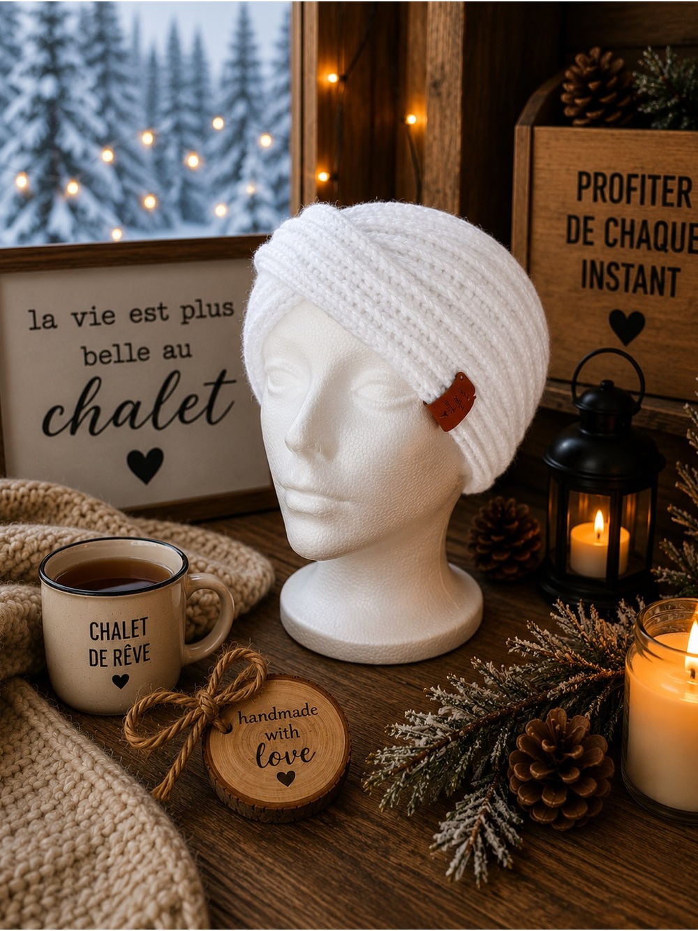 White Knit Turban Headband with Leather Accent